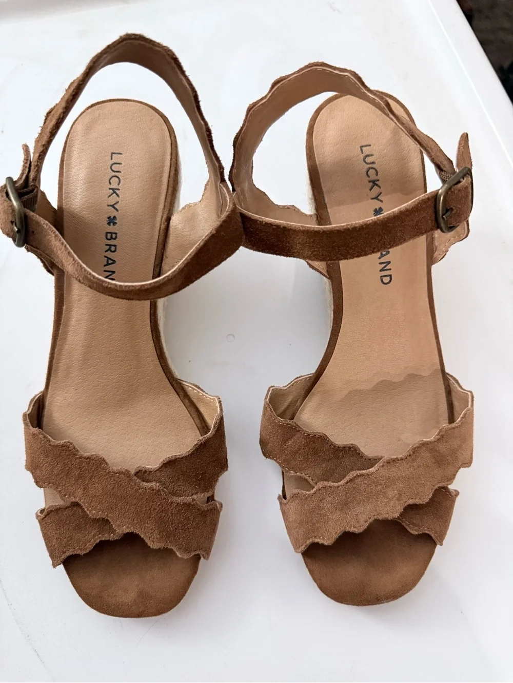 Lucky Brand Brown Suede Scalloped Wedge Sandals
